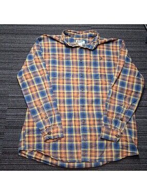 Duluth Trading Co Flannel Shirt Mens XL Tall Relaxed Fit Blue Orange Plaid